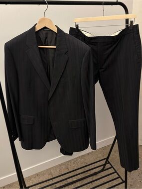Coppley Black Label x Harry Rosen Esquire 2 Piece Suit Gray/Blue Stripe 42R